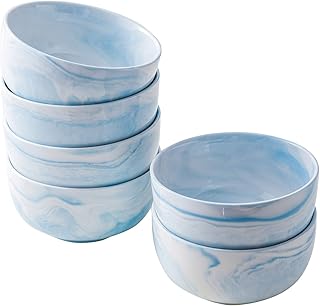 Yundu 14 Ounce Blue Marble Porcelain Bowls Ice Cream, Dessert, Cereal Bowls, Microwave and Dishwasher Safe, Set of 6