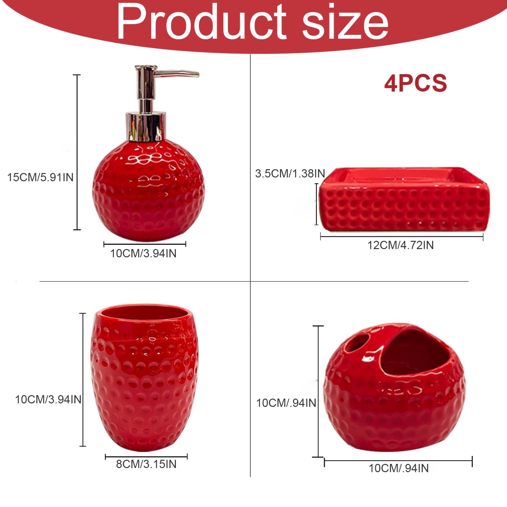 Set da Bagno Rosso, Accessori in Ceramica da 4 Pezzi Include portaspazzolino, Bicchiere, Dispenser per lozioni, portasapone, Decorazioni Natalizie