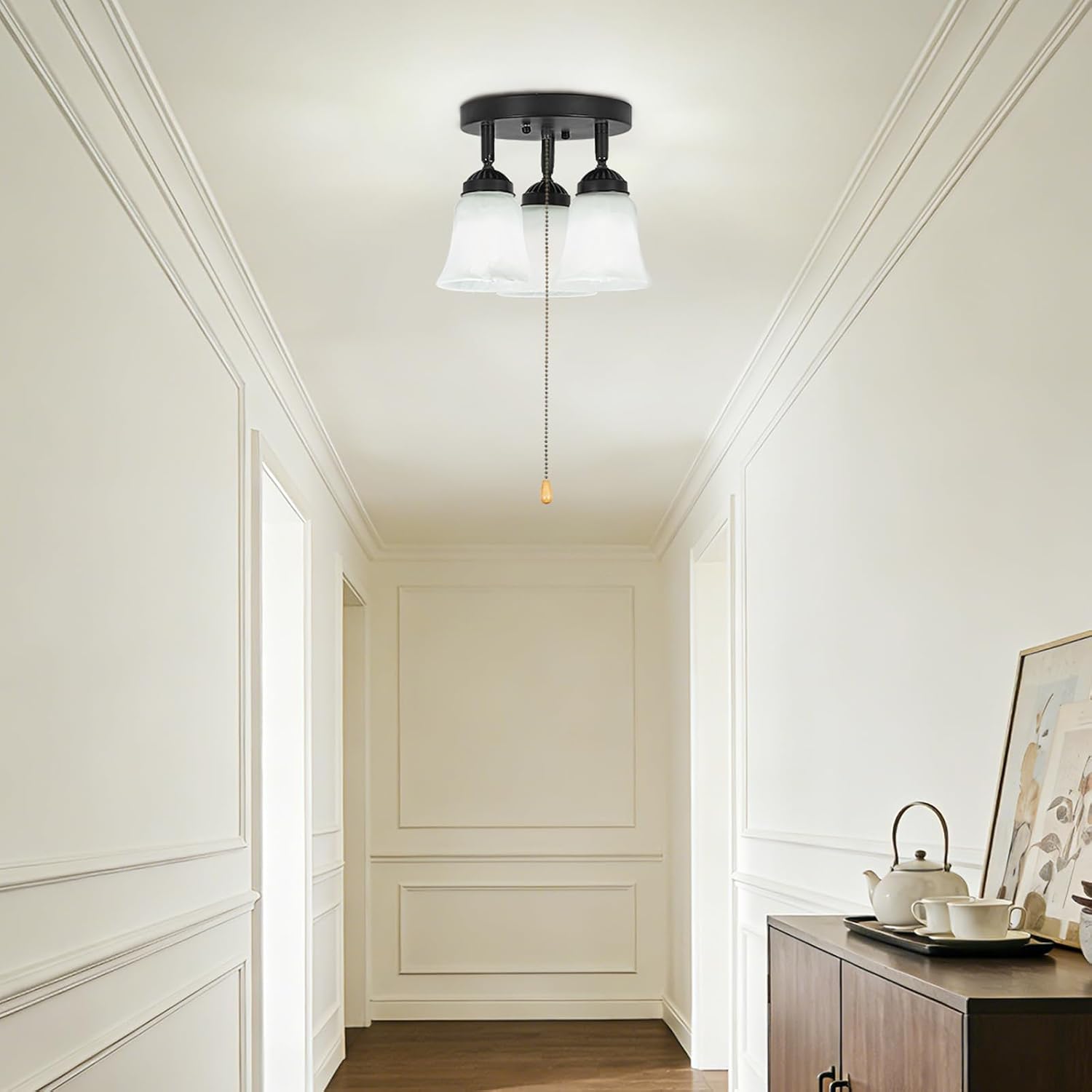 3-Light Flush Mount Ceiling Light with Pull Chain Alabaster Glass Low Profile Lighting Fixtures for Kitchen Living Room Dining Room Closet, Black
