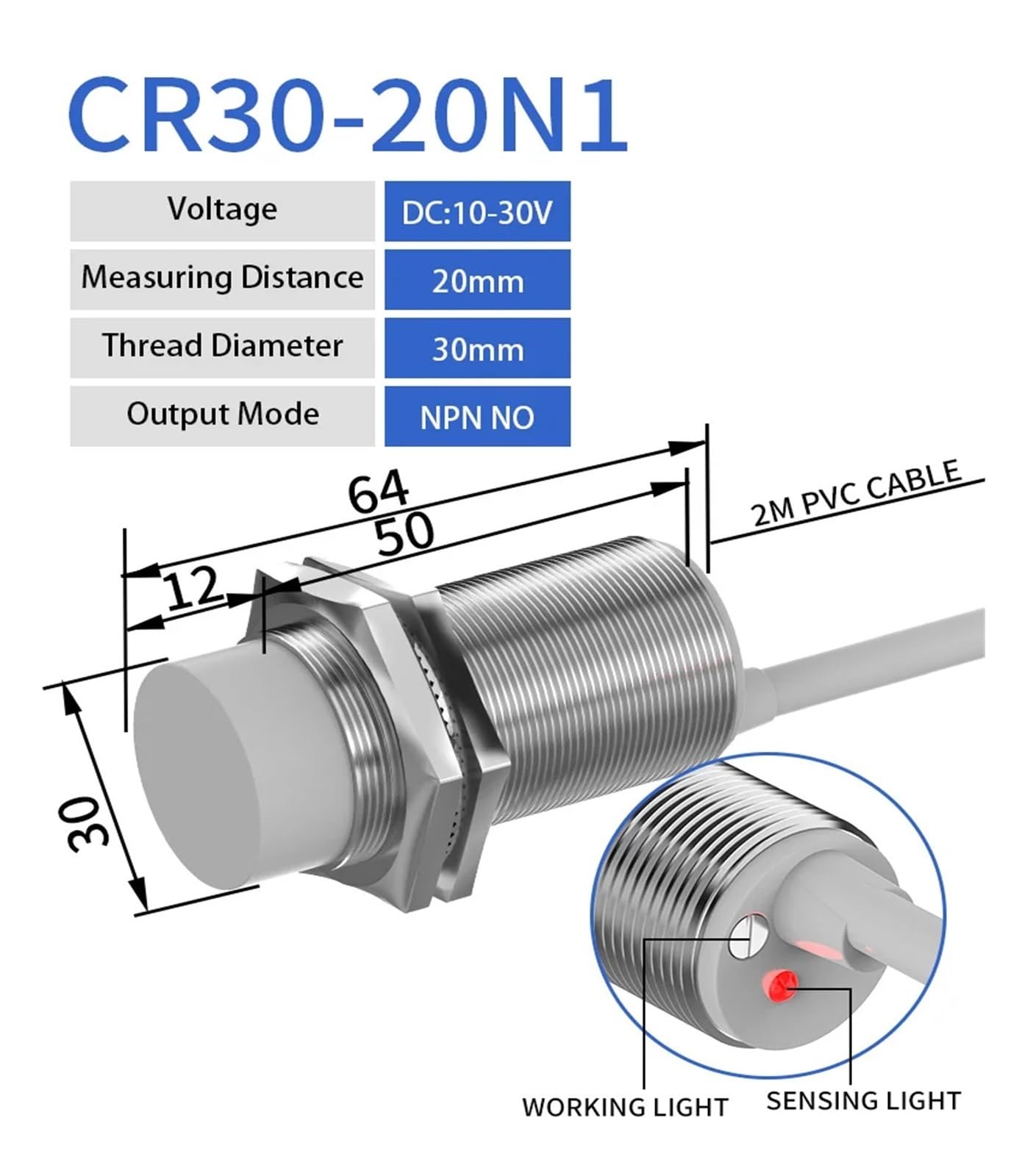 Sensor de proximidad capacitiva M30 10-30VDC NPN PNP No NC FLUSH no flush interruptor de nivel de líquido no metal con cable 2M(20MM DC3-wire NPN NO)