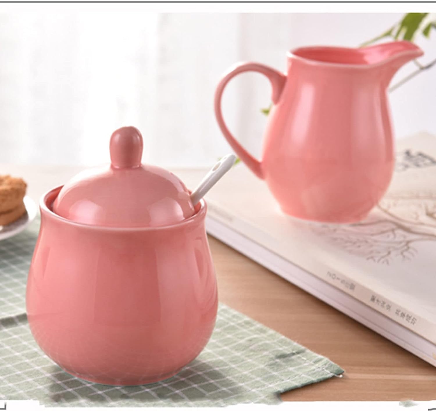 Sucrier avec couvercle et pot à lait, crème et ensembles, pot à sucre, décoration (rose, sucrier)