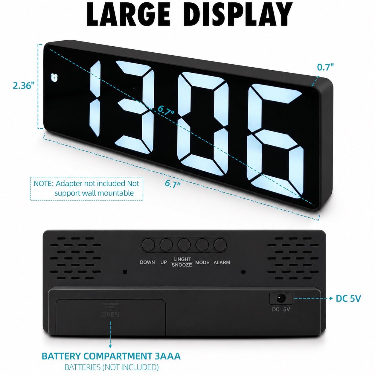 AuraSync Reloj despertador digital, pantalla LED grande, números negros, cara negra, diseño rectangular moderno