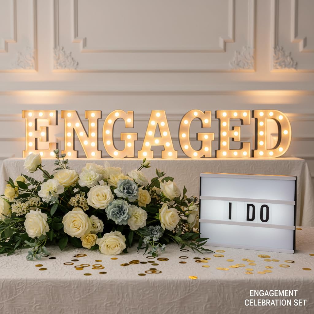 Juego de 9 piezas de decoración de fiesta de compromiso con 7 letras LED comprometidas, caja de luz retro con 96 letras y personajes, y confeti brillante para decoración de propuesta de boda