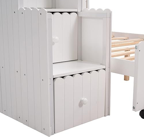 Miniatura 6 de ERDAYE Marco de cama de tamaño individual sobre matrimonial marco de cama grande de madera con 2 estantes y 7 cajones diseño de ahorro de espacio