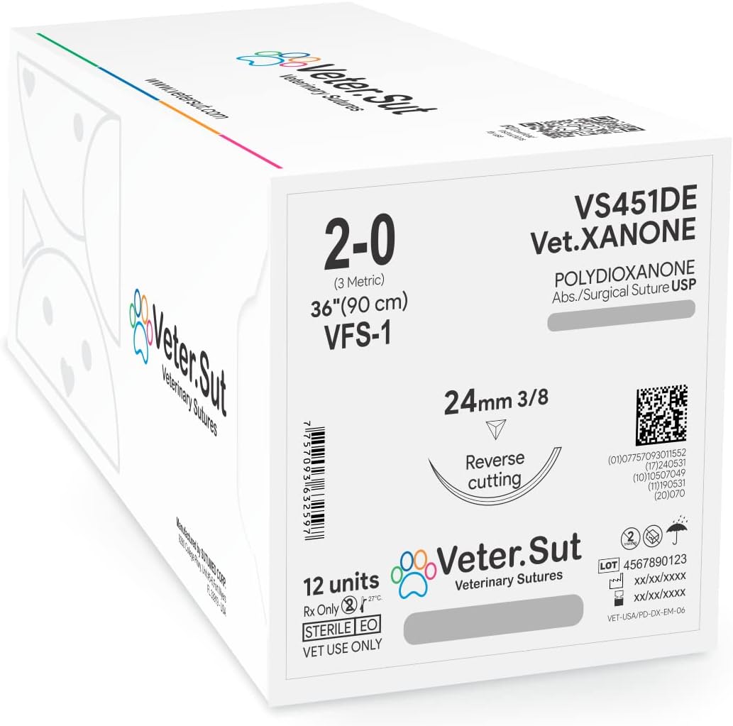 VeterSut VetXANONE Absorbable Polydioxanone Surgical Suture USP Size 2-0, (FS-1) 3/8 24mm Reverse Cutting Needle, 36 Inches (90 cm), 12 Count, Veterinary Use