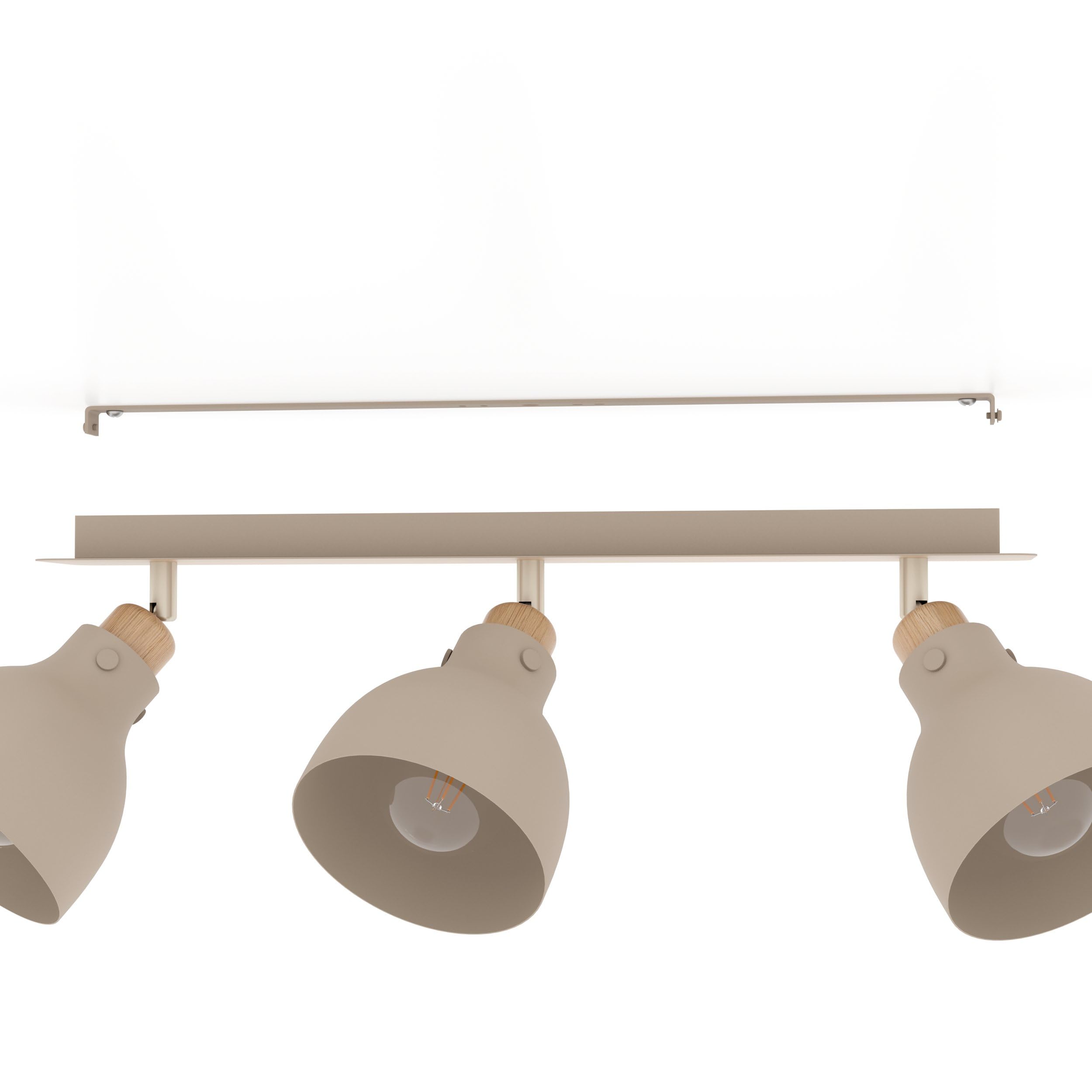 EGLO Deckenstrahler Arrecife, 3-flammige Deckenlampe mit schwenkbaren Spots | Deckenleuchte aus Metall in Sandfarben und natürlichem Holz in Eiche, Deckenspot mit E27 Fassung