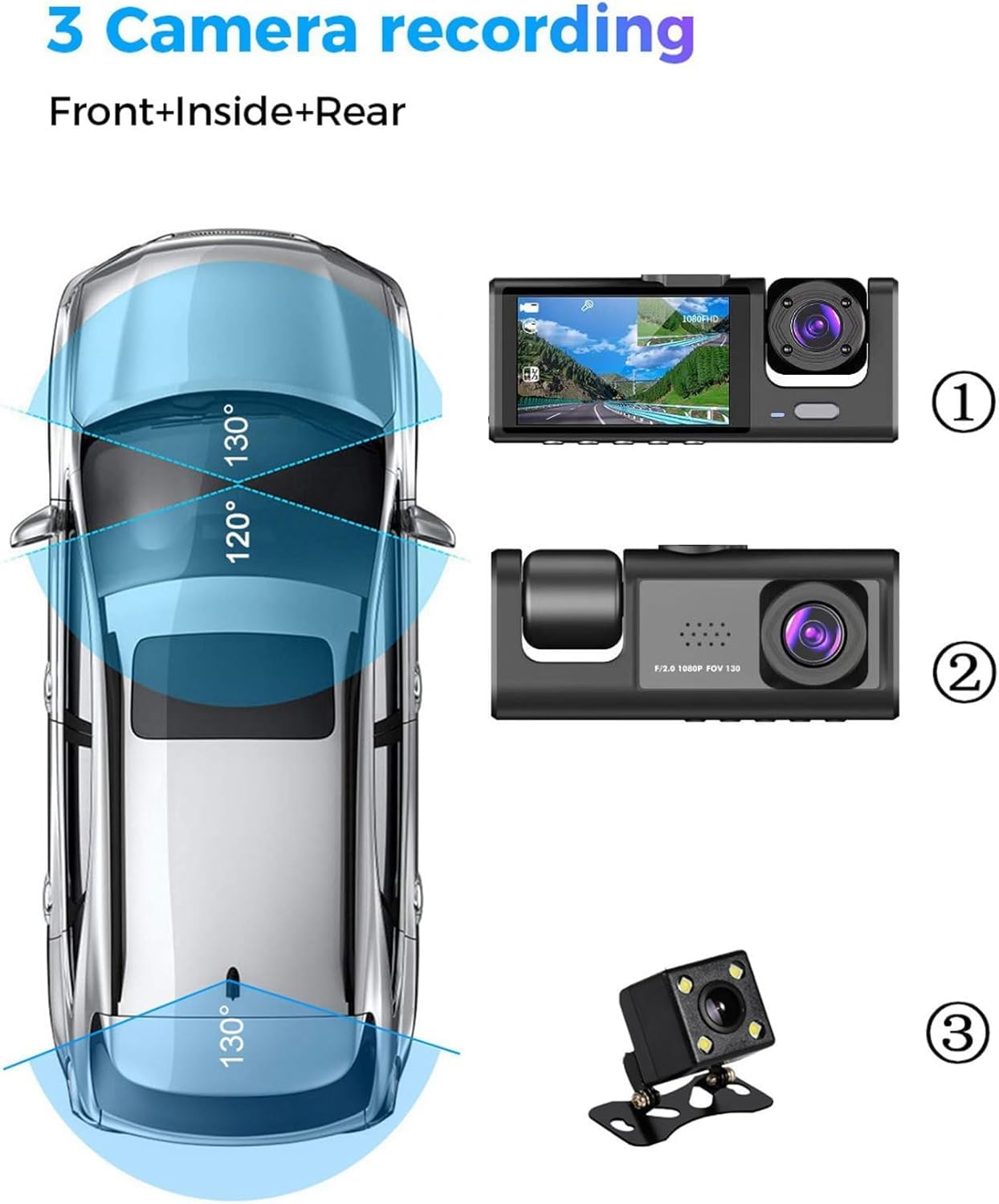 Dash Cam Auto 3 Lenti Full HD 1080P, Tripla Videocamera Frontale + Abitacolo + Posteriore, Visione Notturna, Monitoraggio Parcheggio 24H, Display Integrato, Installazione Facile con Supporto Ventosa