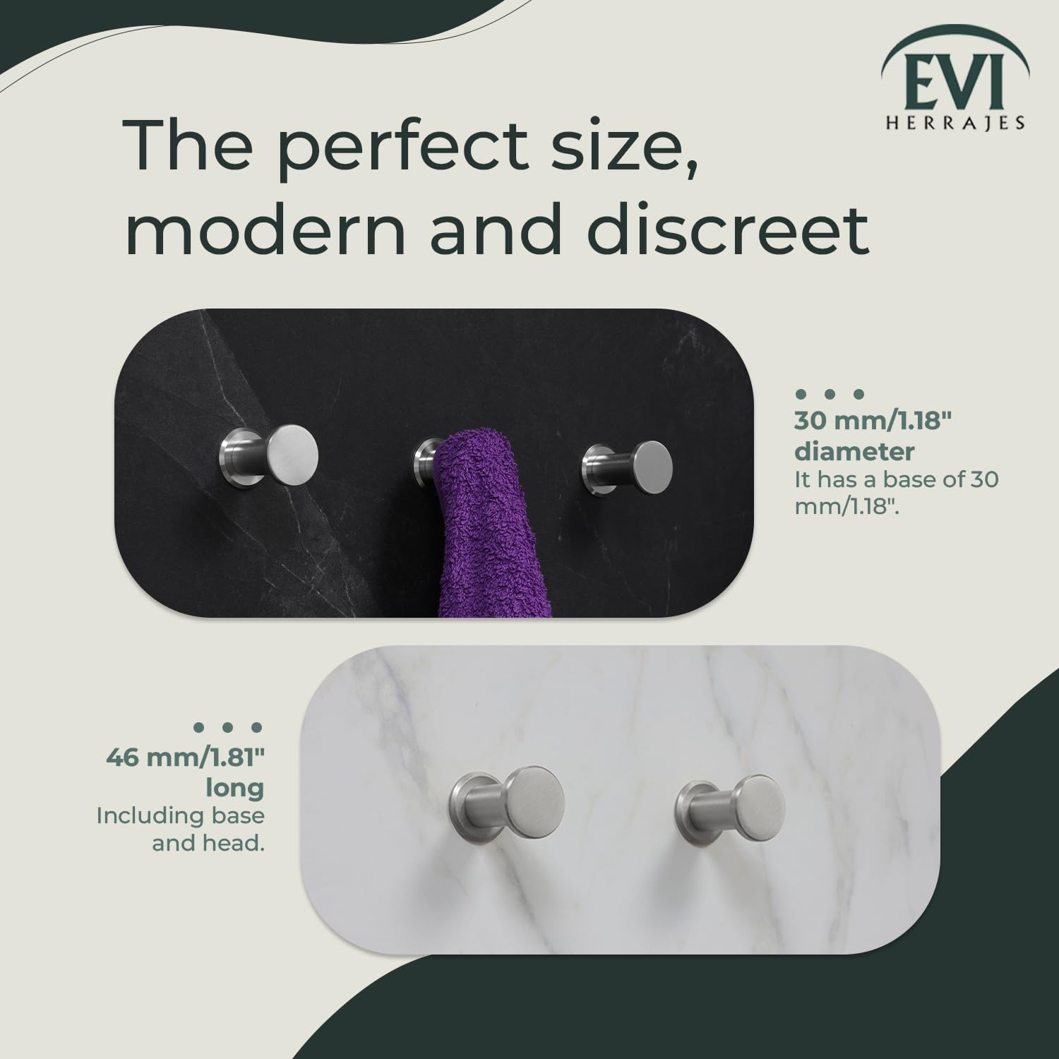 EVI Herrajes Bathroom Hanger, Matte Satin Stainless Steel, 44X30mm - Image 4