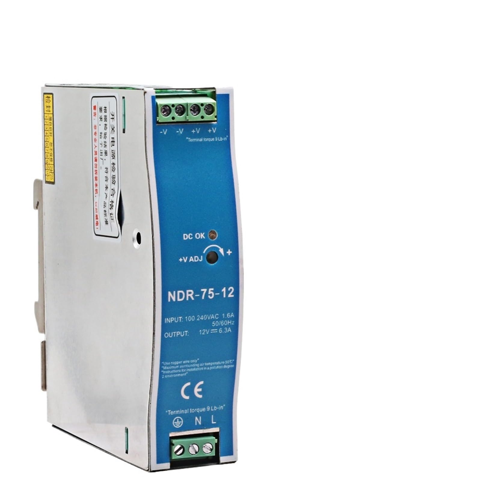 JJHQOKYNA 1pcs 12V 24V 48V NDR 75W Industrial DIN Rail Mounted AC to DC Single Output Switching Power Supply(NDR-75W-24V 3.2A)