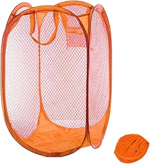 Qtopun Mesh Popup Laundry Hamper Foldable Laundry Basket Portable Dirty Clothes Basket Collapsible Dirty Clothes Hamper for Bedroom, Kids Room, College Dormitory and Travel (Orange)
