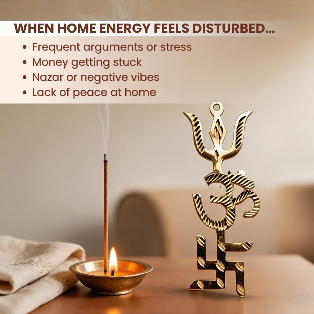 Plus Value Trishakti Yantra Vastu Brass Swastik, Om, Trishul for Home, Office Main Door Protection and Decor, 5 Inch Gold, Positive Energy, Good Luck, Astrology Gift, Entrance Wall Hanging 2