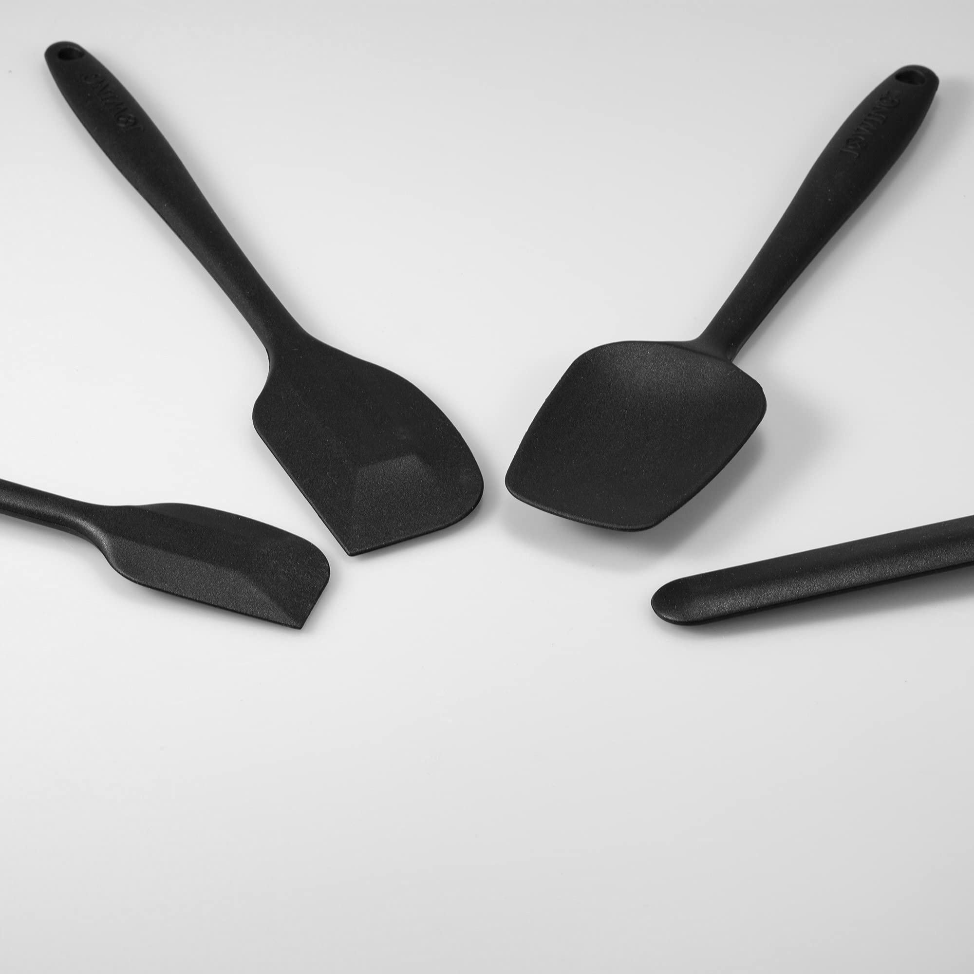 Juego de 4 espátulas de silicona flexibles, resistentes al calor, antiarañazos, con núcleo de acero inoxidable, color negro