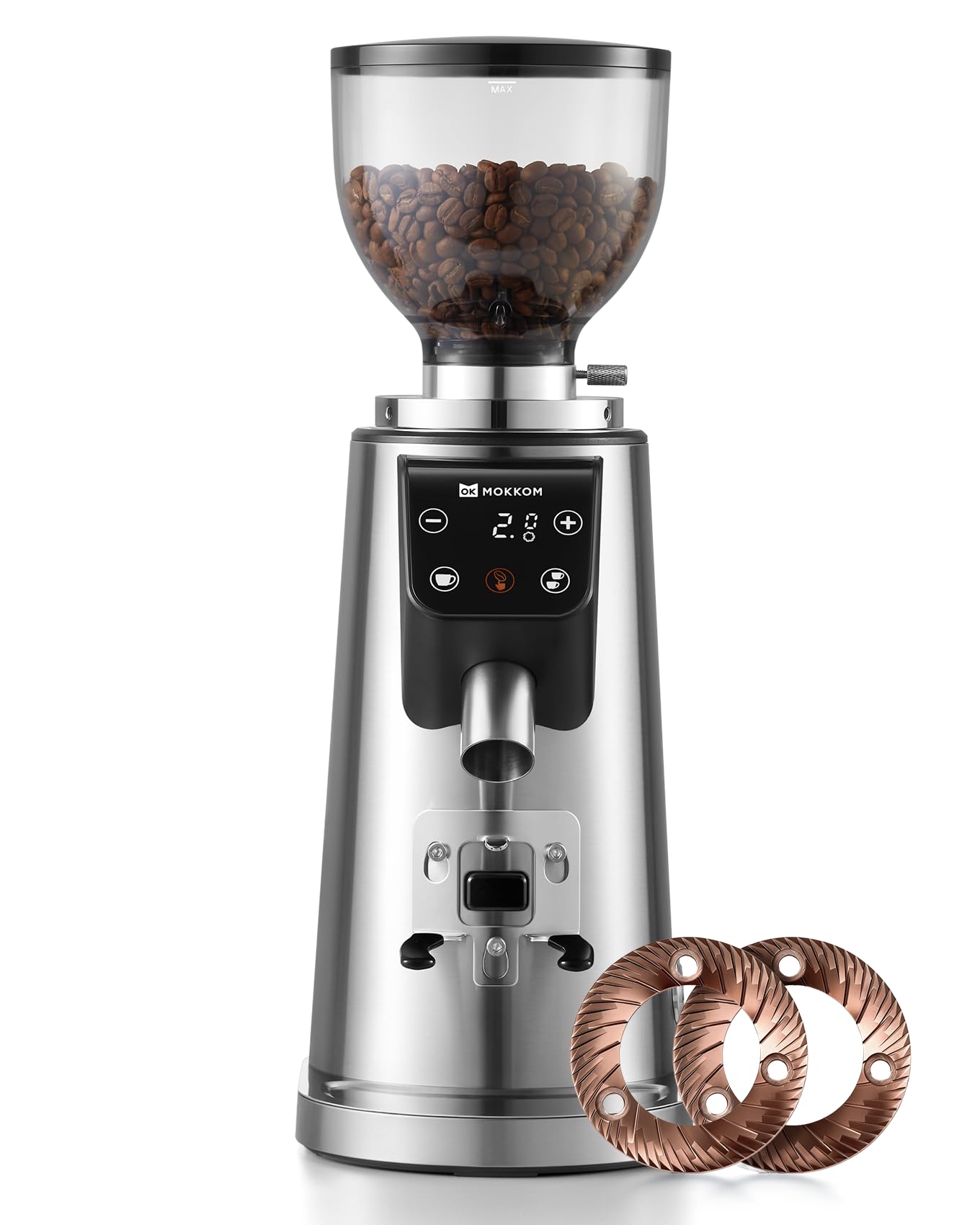 Photo 1 of MOKKOM Professional 64mm Plated Flat Burr Coffee Grinder with 100 Grind Settings, All-Metal Stainless Steel Body, Coffee Bean Grinder with Adjustable Electronic Timer, Anti-Static, LED Display