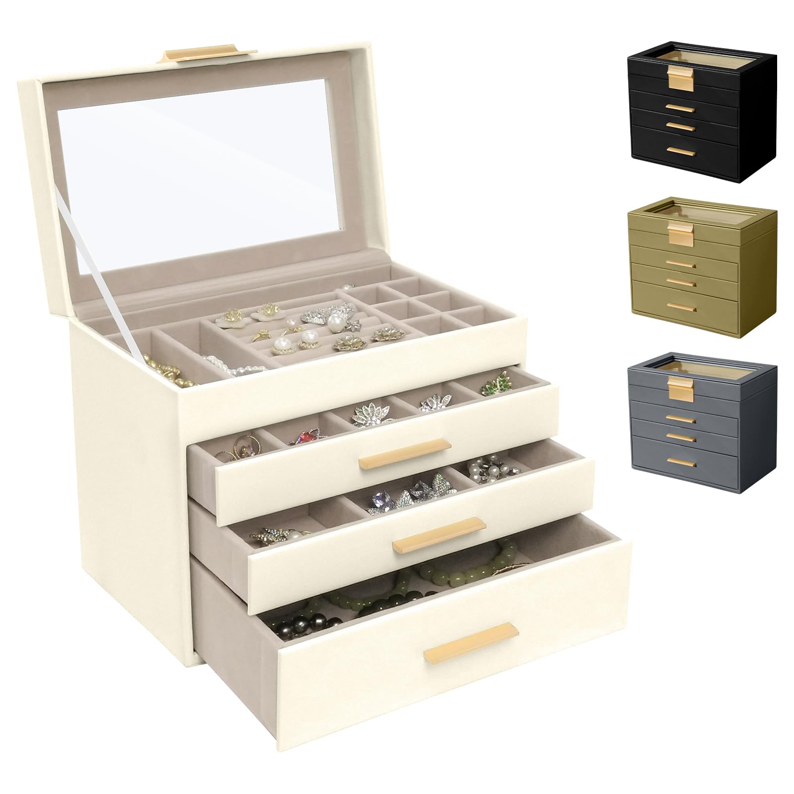 Boîte à Bijoux, [4 Niveaux] Femme Boite à Bijoux avec 3 Tiroirs, pour Couvercle Transparent, Grande Boîte à Bijoux en Cuir pour Colliers, Bracelets, Idée Cadeau, Style Moderne (Blanc)