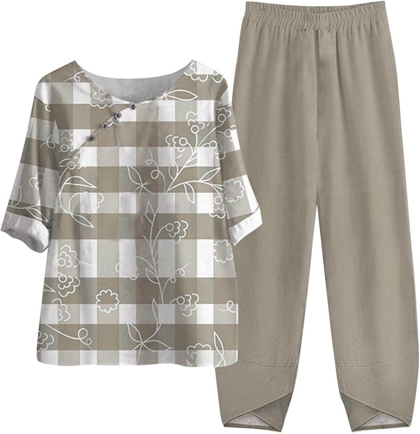 oelaio 2023 Summer Womens Cotton Linen 2 Piece Outfits Half Sleeve