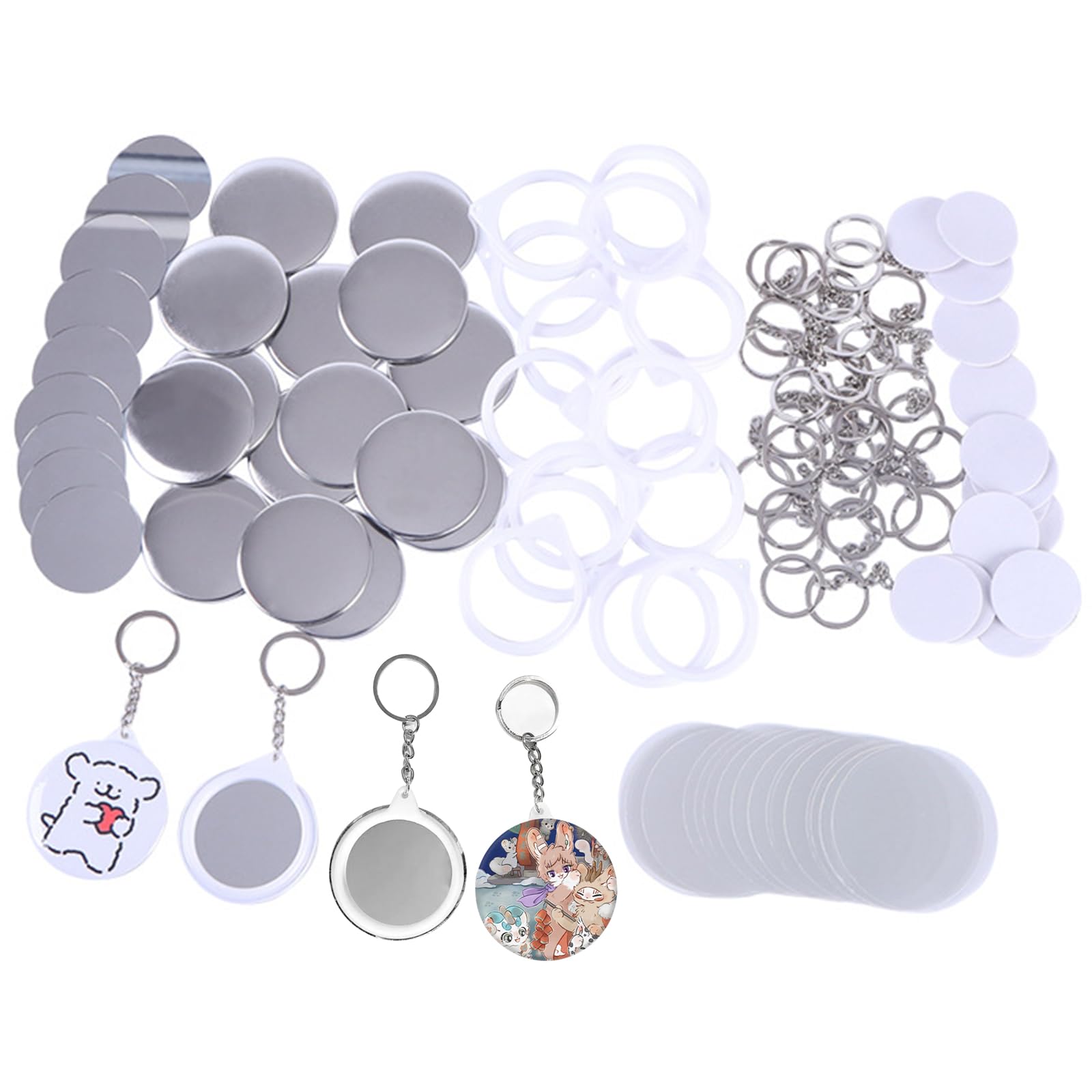 25 Sets Button Badge Maker Double-Sided Keychain, 2.28 Inch (58 mm) Tinplate with Metal Cover, Mirror, Plastic Base and, Supplies for Making Machine