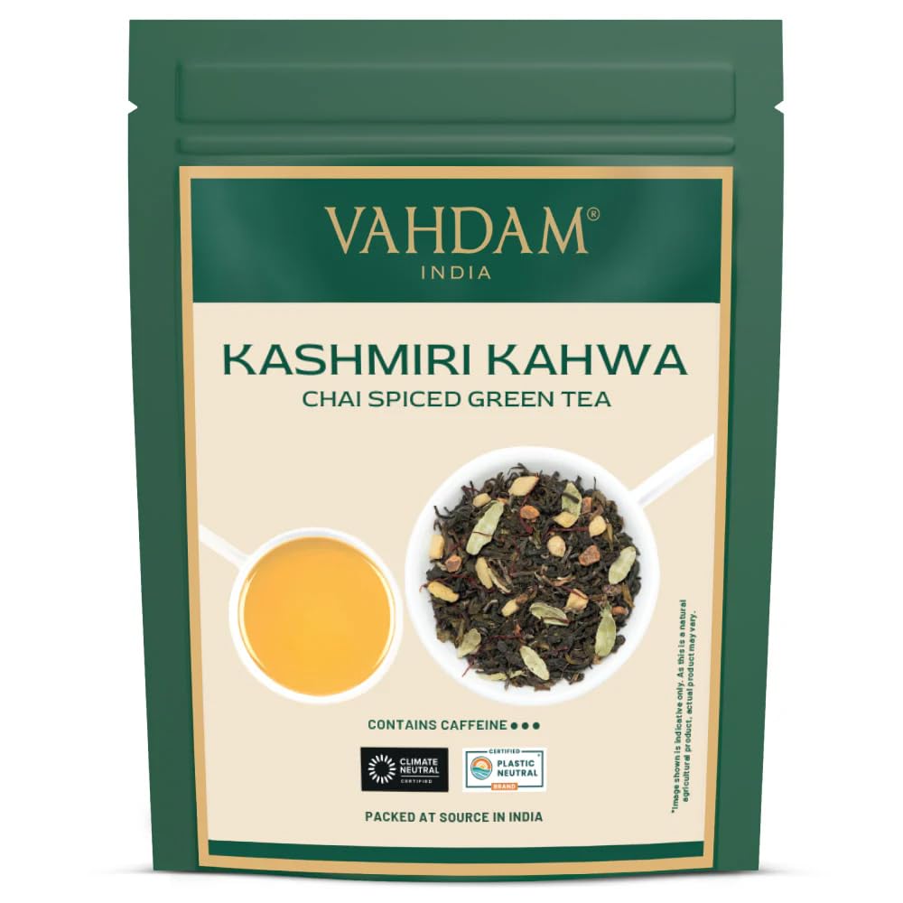 VAHDAM, Kashmiri Kahwa Tea Loose Leaf - 100 g | Pure SPICES | Masala Chai | Green Tea, Cinnamon, Cardamom, Almond, Saffron | Spiced Chai Loose Leaf | Brew Hot Or Iced | Vacuum Sealed