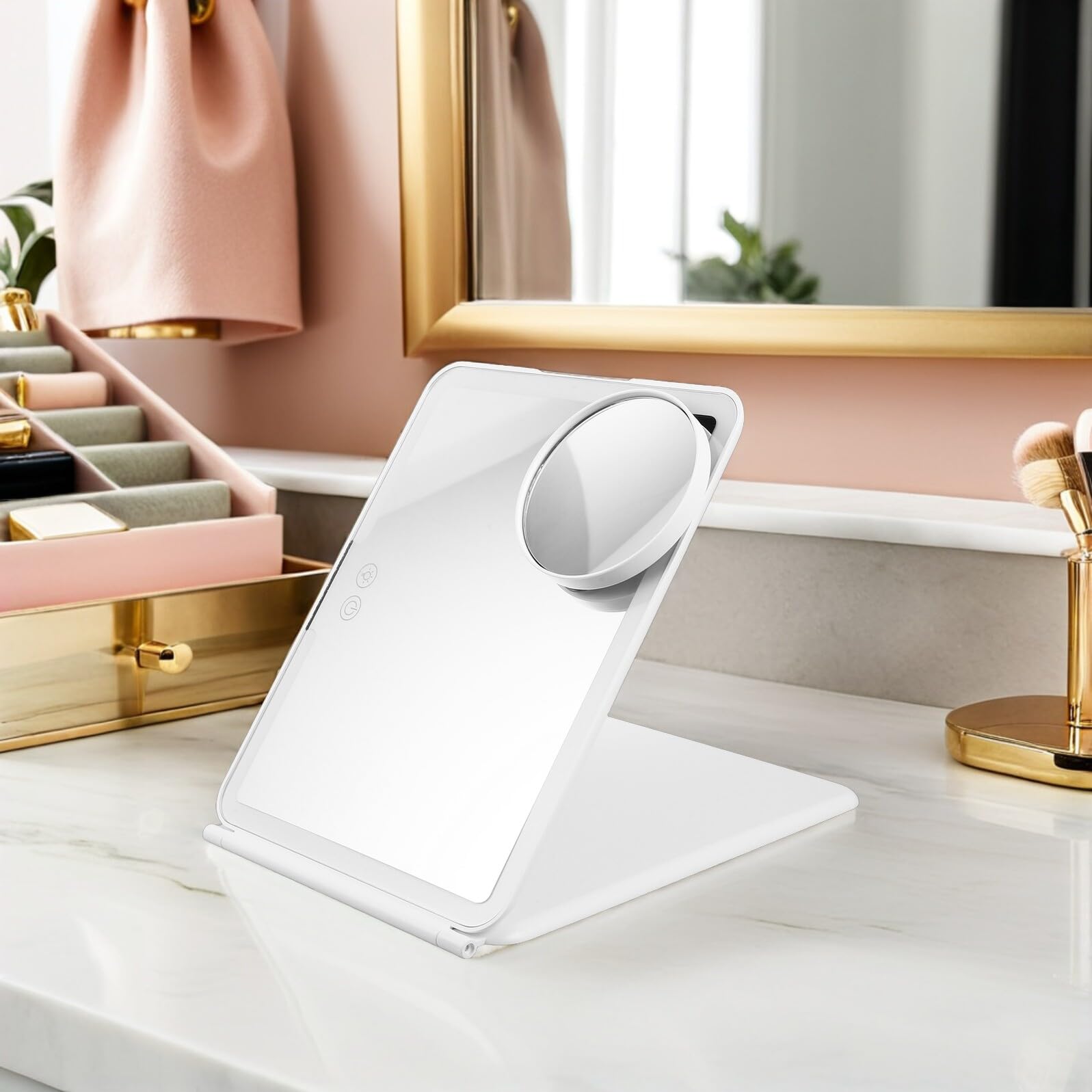 Espejo de Maquillaje con Luz LED Recargable, Aumento 10x, Iluminación 3 Colores, Compacto y Plegable para Uso en Escritorio y Viajes, Batería 1500mah