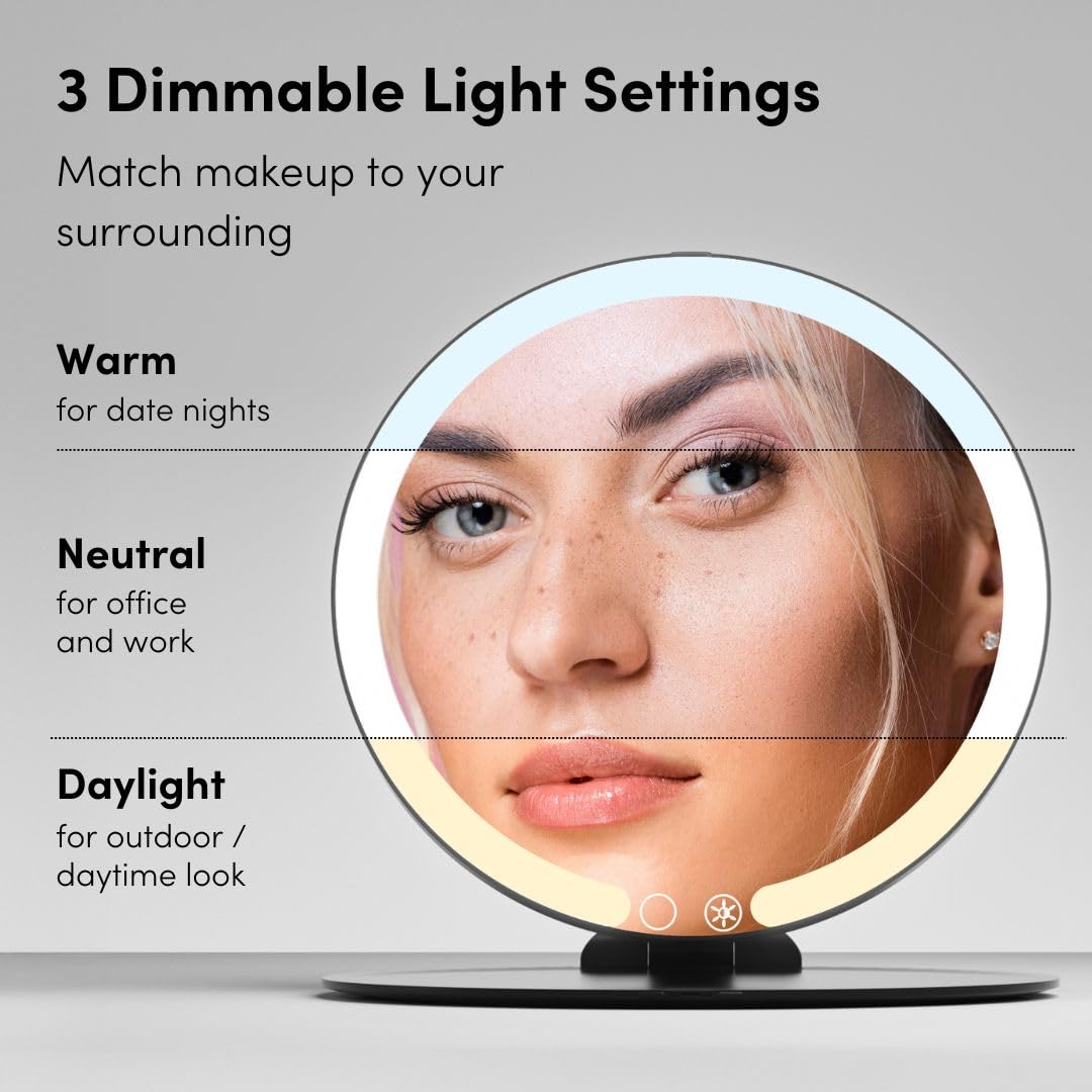 Fancii Abigail - Specchio da viaggio ricaricabile con luce LED, supporto pieghevole da 20,3 cm, illuminazione a 3 colori, specchio da viaggio dimmerabile e leggero, essenziale da viaggio (nero)