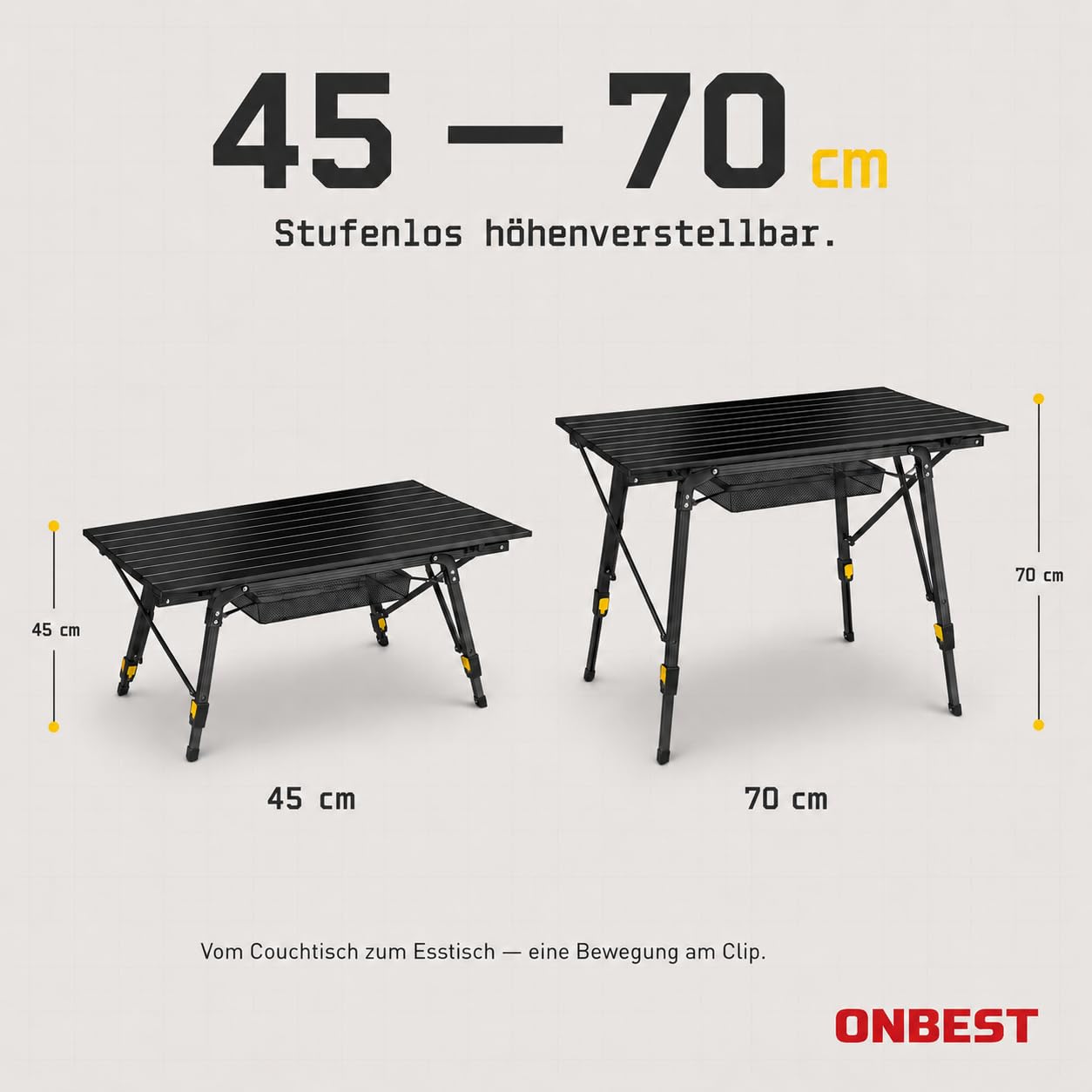 Onbest Campingtisch klappbar – Alu-Klapptisch für 2 Personen | Leichter Campingtisch mit Netztasche und Tragetasche – für Camping, Garten, Angeln, Outdoor, Picknick und Festival