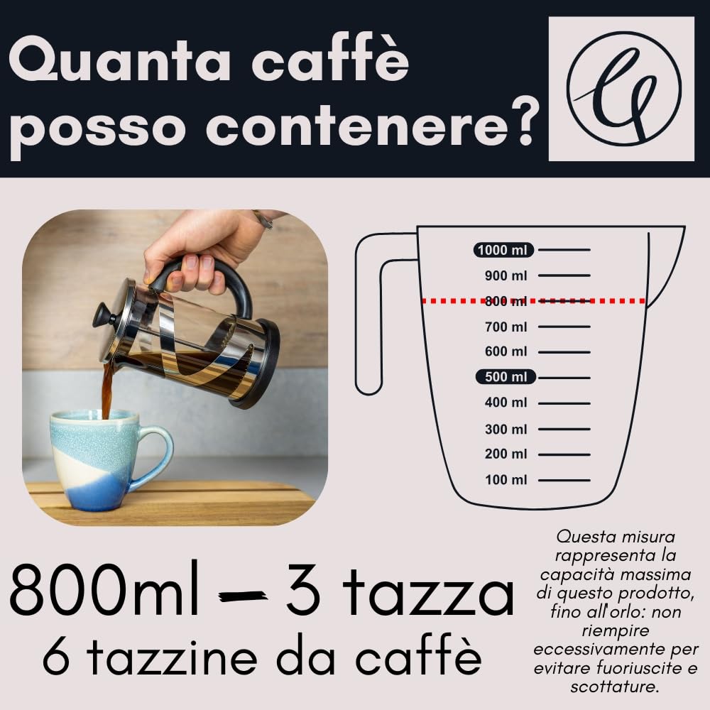 Café Olé Classico Caffettiera Cromata, 800 ml / 3 tazze / 6 tazzine da caffè, caffettiera francese, filtro in acciaio inossidabile, corpo in vetro, finitura cromata