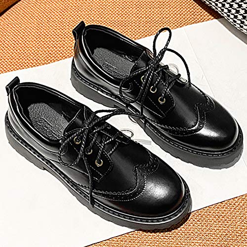Odema sapato feminino clássico perfurado Wingtip Oxford vintage com cadarço e bico redondo, Preto, 9