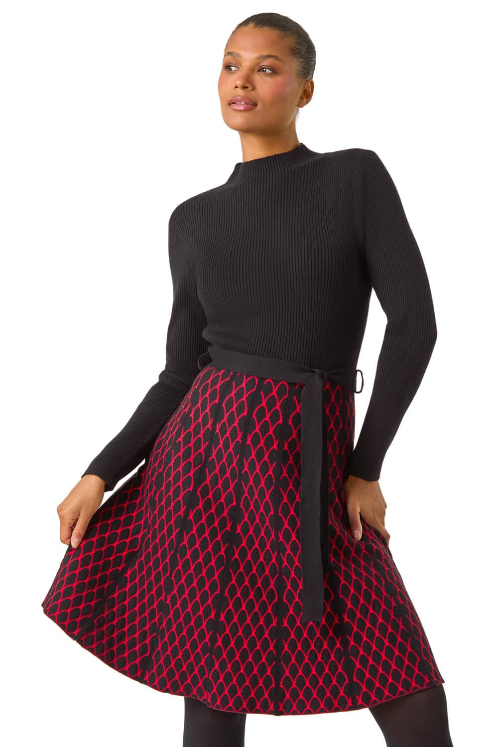 Roman Originals Women's Red Roman Ribbed Jumper Dress For Uk With Contrast Panelled Skirt Everyday Autumn Winter High Neckline Comfy Soft Evening Vacation Work Party Night Out - Size 20