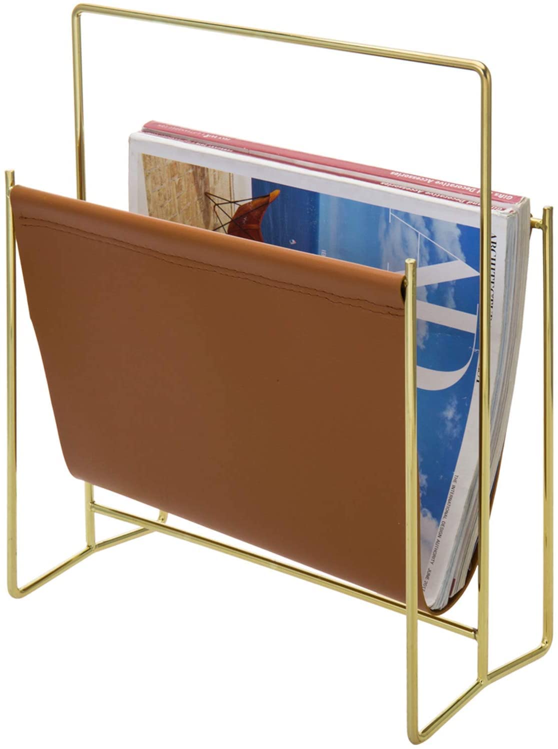 indian decor. INDIAN DECOR 28514 Modern Caramel Leatherette Magazine Holder Floor Standing Sling Style Rack with Metal Frame - Golden-picture-17
