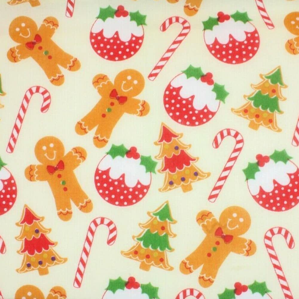 Polycotton Fabric Gingerbread Christmas Candy Canes Xmas Pudding Tree (per metre)