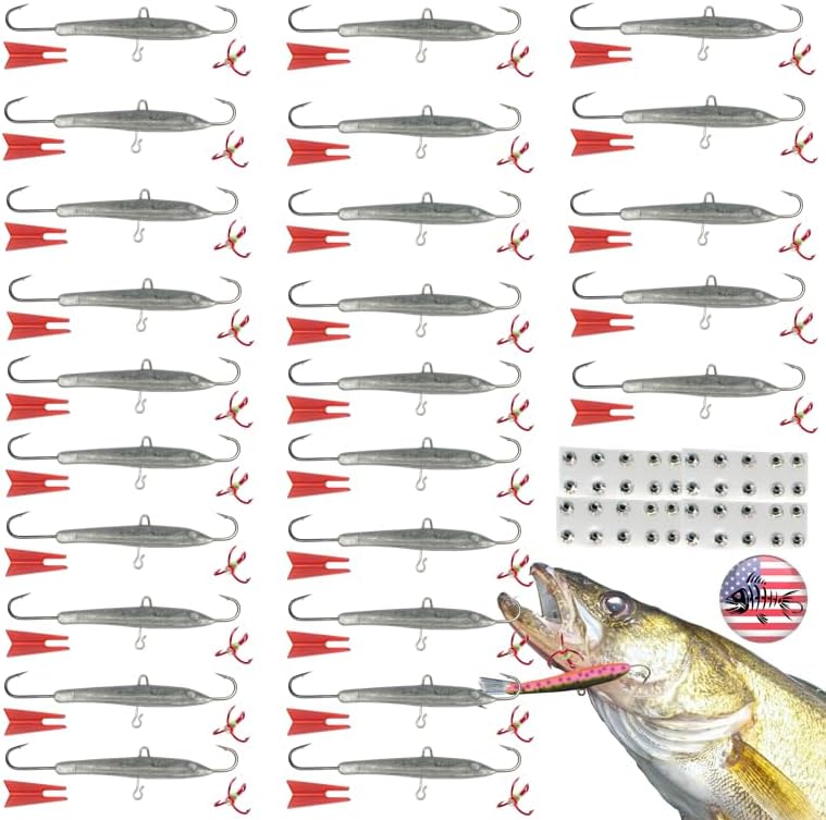 Fishbone Gear Unpainted Ice Fishing Jig Lure Kit – Jigging Minnow Bodies for DIY Painting, Walleye Crappie Perch Trout Bass, Hooks Included