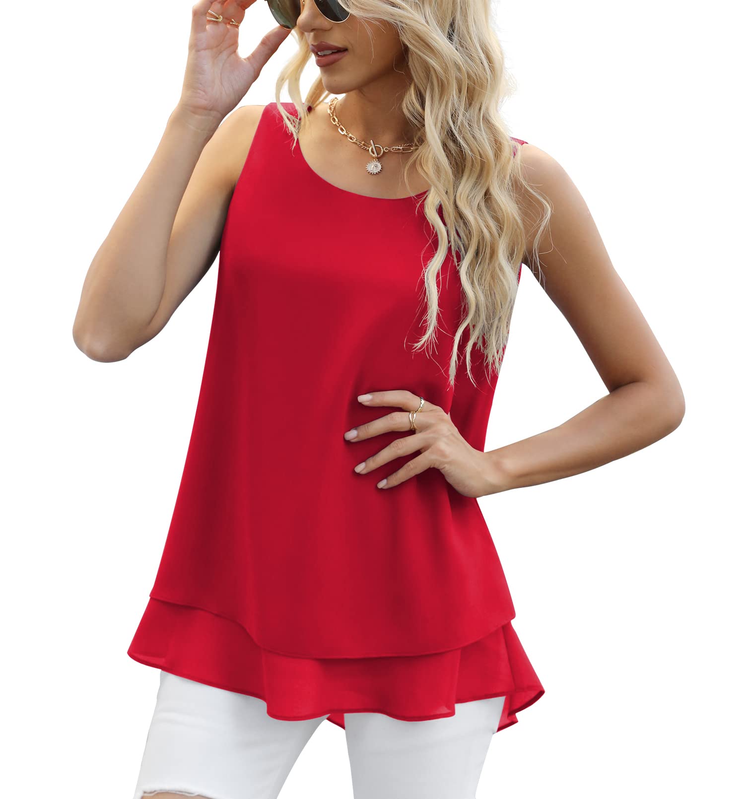 Jouica Women's Summer Round Neck Sleeveless Blouse Loose Casual Flowy Chiffon Tank Tops for Women