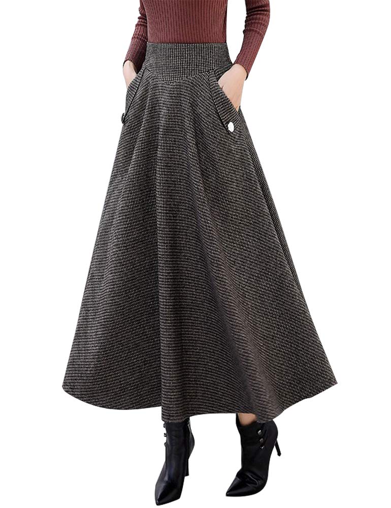 IDEALSANXUNWomen’s Fall Winter High Waisted Wool Plaid A-line Long Skirt