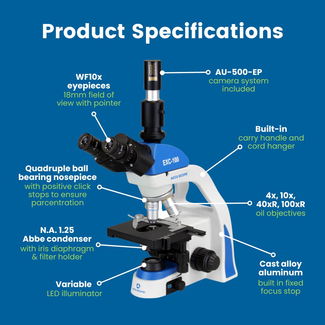 Accu-Scope Microscopio Digitale con Fotocamera Oculare, EXC-103-EP - Testa Trinoculare, Ingrandimento 40-1000X, Illuminazione LED Cordless - Immagini 5.1 Megapixel, Video 26 FPS, Uscita USB 2.0
