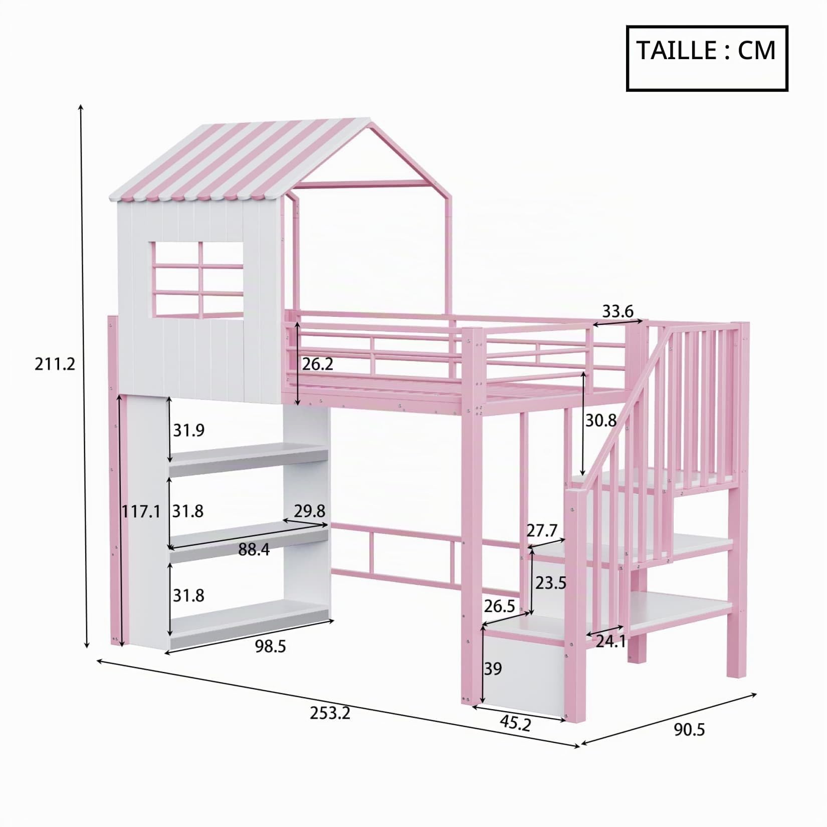 EURHCIO Lit Mezzanine 1 Place en Fer 90x200cm,Lit Cabane avec Escaliers de Rangement Réglable,3 Grandes étagères,Fenêtre,Barrières Surélevé,pour Garçons Filles Adolescents (Rose)