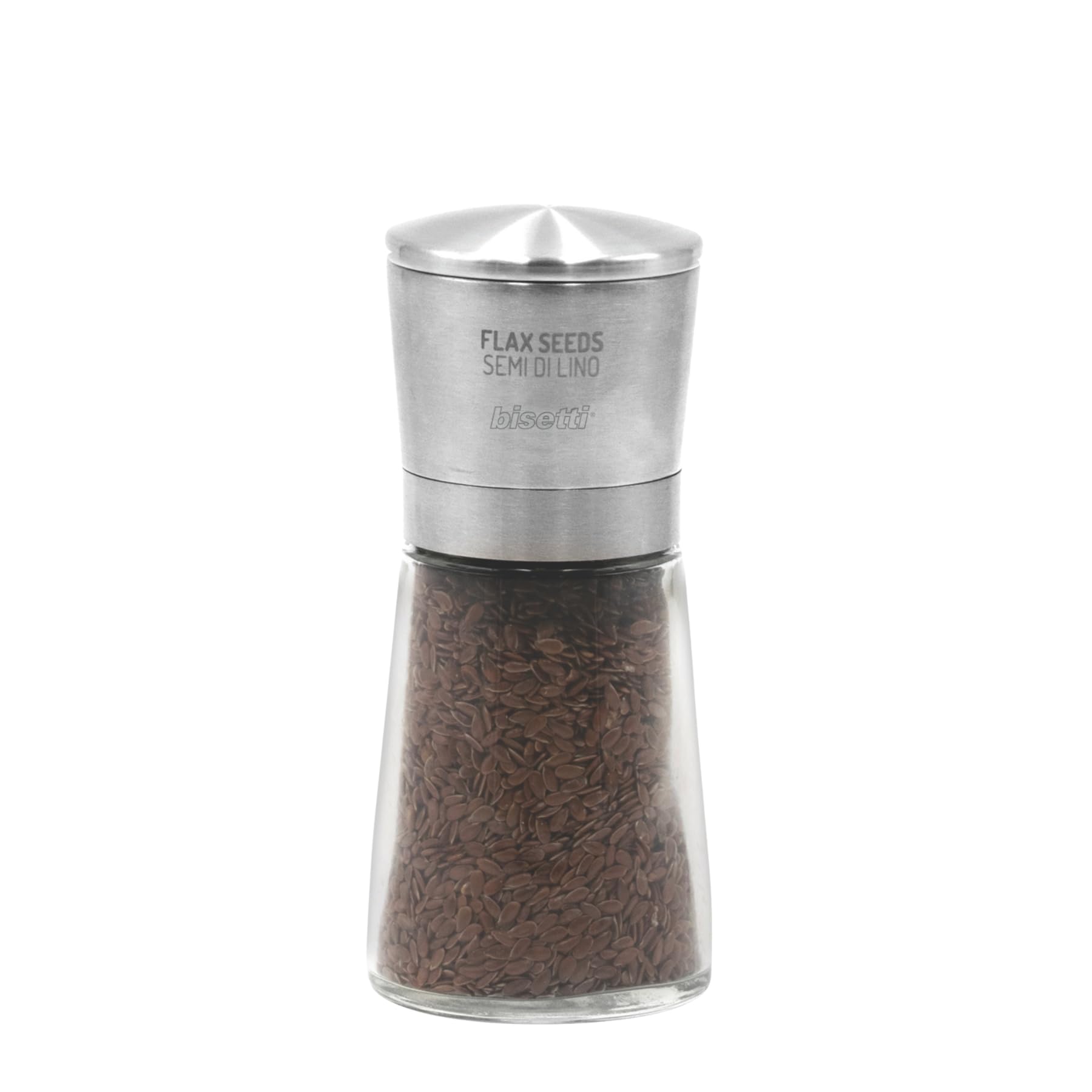 Macina Semi di Lino Manuale in Vetro e Acciaio Inossidabile da 14,5 cm, Macina Spezie Manuale La Spezia, Made in Italy, Trita Spezie Resistente, Duraturo e Elegante per la Tua Cucina - BISETTI