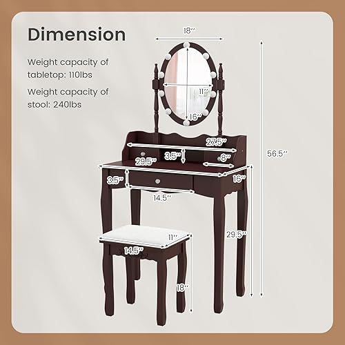 Miniatura 4 de Byroce - Juego de tocador con taburete acolchado, mesa de maquillaje con espejo ovalado iluminado giratorio de 360°, 3 cajones, 10 luces LED,