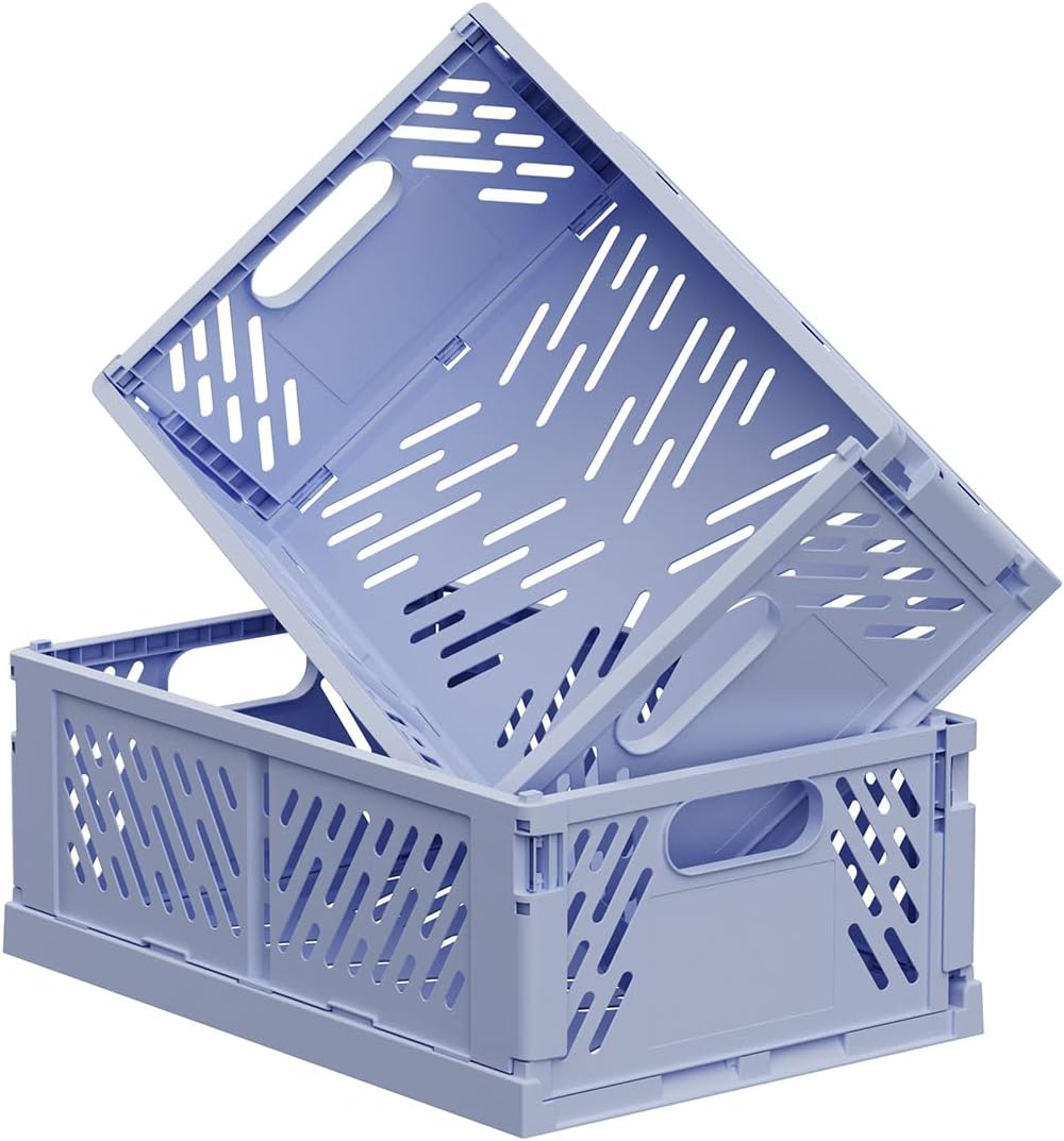 2-Pack Collapsible Plastic Storage Baskets for Organizing, Stackable Storage Bins - Space-Saving for Classroom, Kitchen, Bathroom, Office & Bedroom,Foldable Crates (blue, 11.1 x 4.61 x 8.27in)