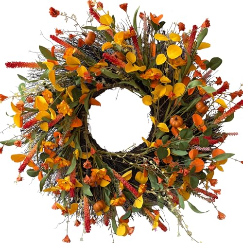 HipTree 24-Inch Fall Wreath - Autumn Door Decor with Pumpkins