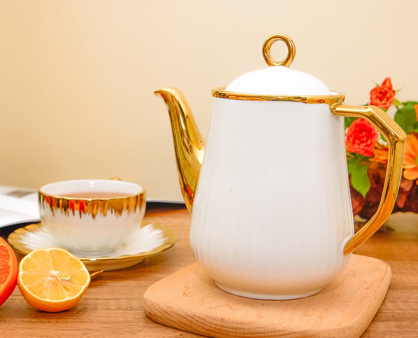 Teiera in porcellana minimalista 、Teiera in ceramica con infusi per teiere da tè sfuso per teiere da tè 、Teiera (oro, grande)