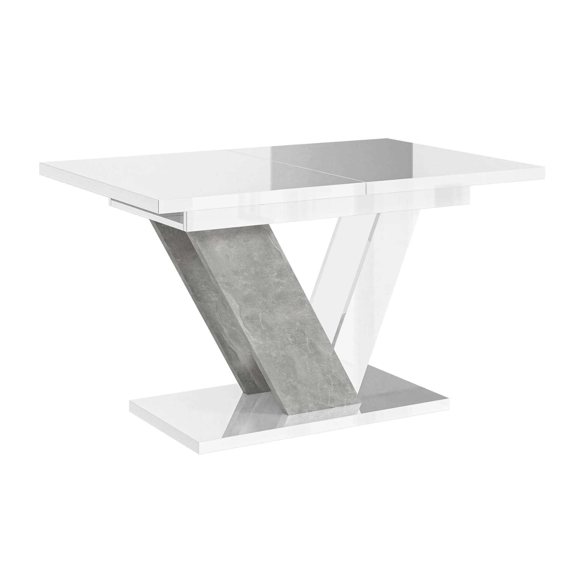 Dubai Eleganter Ausziehtisch 120-160x80 cm Großer Esstisch Loft Stil Weiß Hochglanz Betonoptik