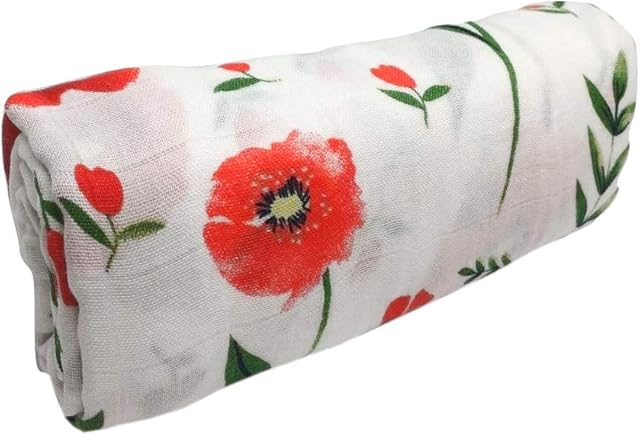 Little English Bamboo/Cotton Large Muslin Blankets for babies Soft & comfortable blanket, perfect for swaddling - Luxury Pram Blanket - Red Poppy - 120cm x 120cm