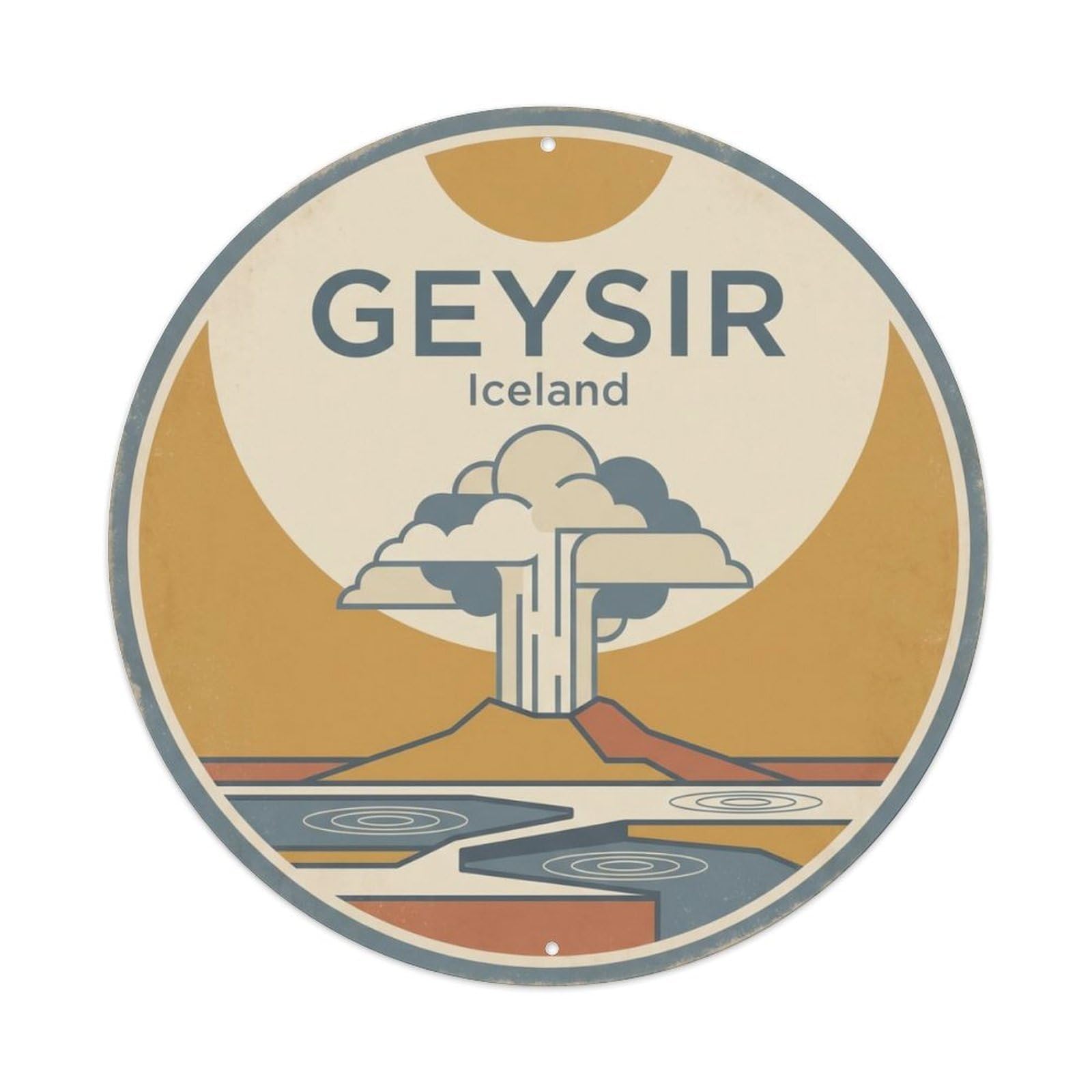 Vintage Travel Geyser Iceland Geothermal Metal Tin Sign Plaque Wall Decor for Cafe, Club Bar, Office, Home Garden Round Metal Poster 8x8Inch