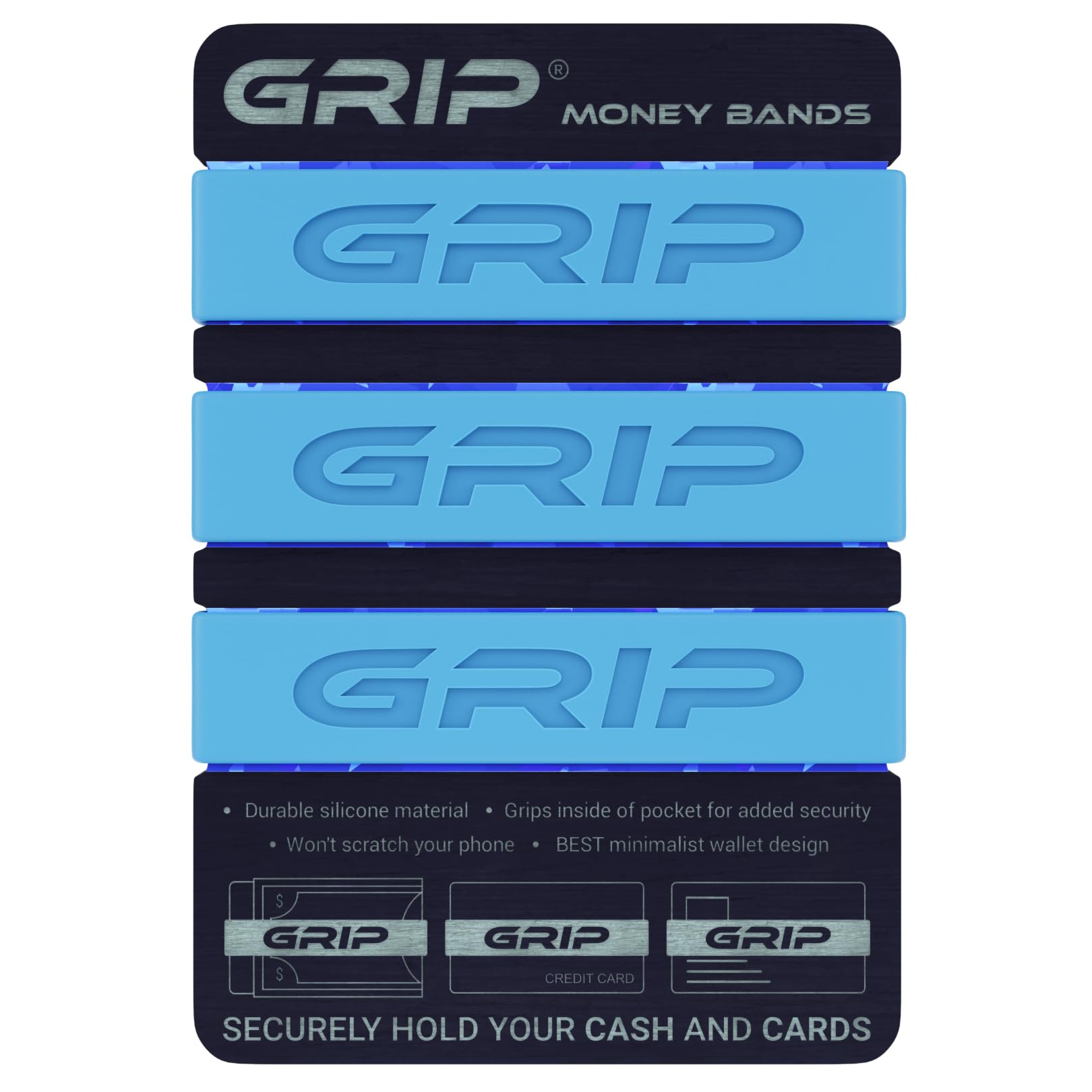 Grip Money Bands (Pack of 3) - LIGHT BLUE - Premium Silicone Band for Cash &amp; Cards - Slim &amp; Durable Design
