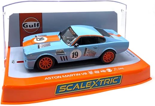 Scalextric Aston Martin V8 Gulf #19 Rikki Cann Racing 132 Slot Race Car C4209, Light Blue & Orange