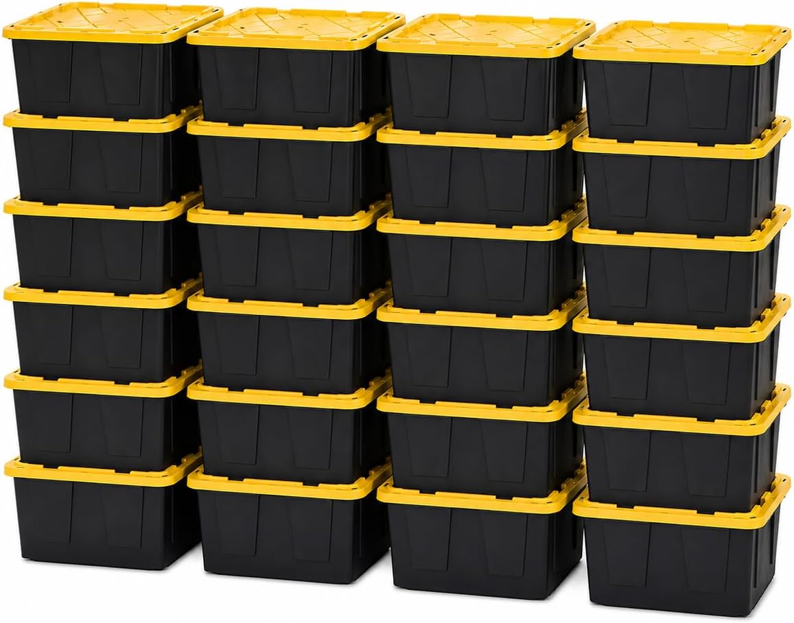 Sterilite 24-Pack 27 Gallon Industrial Storage Totes with Lids – Heavy Duty Stackable Plastic Storage Bins, Secure Latching Lid Containers for Garage, Moving & Home Organization