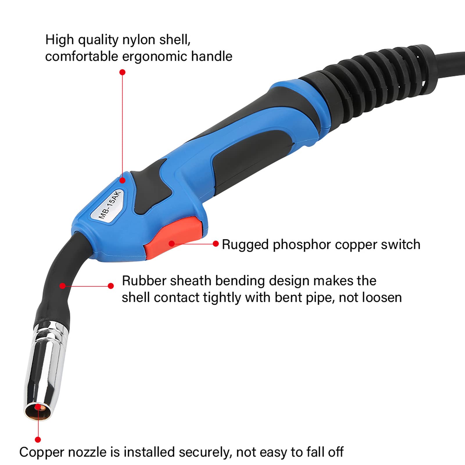 Gas Shielded MB15 Welding Torch 9.8ft Lightweight Flexible Cable, Ergonomic Handle, Kink by Steel Spring, Robust Construction