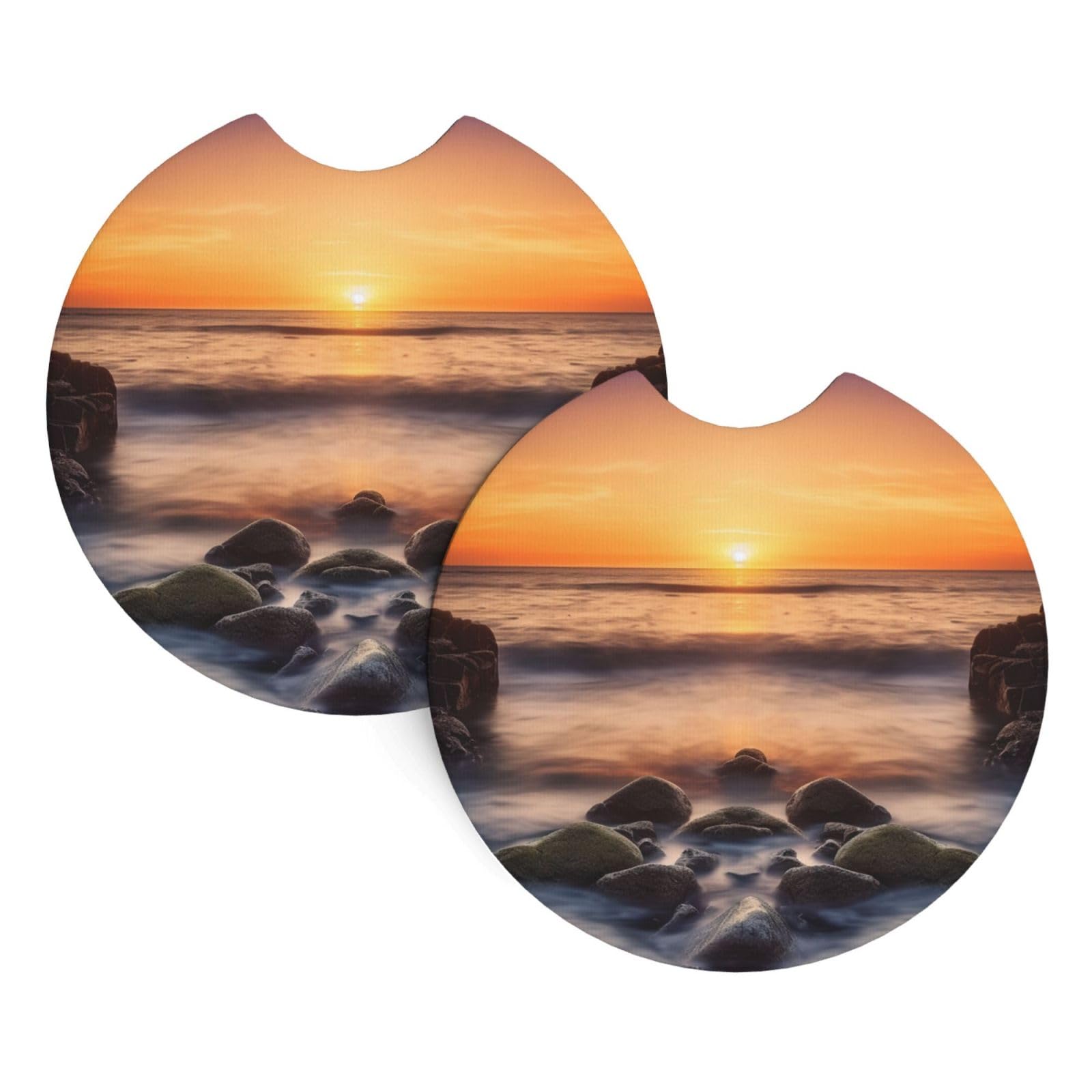 2 Pack Car Coaster for Cup Holders Sunset Ocean with Rocks Car Cup Coaster 2.7" Neoprene Non-Slip Automotive Cup Mat Universal Auto Car Interior Accessories for Women Men Cup Pad