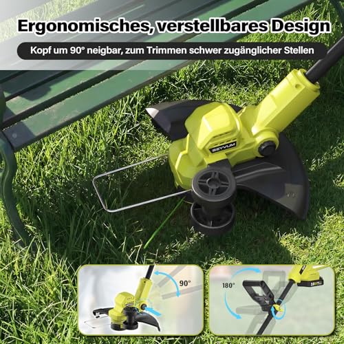 Akku Rasentrimmer,Elektro Rasentrimmer mit 2 X 2.0Ah Akkus und Ladegerätn,Schnittbreite 300mm Freischneider mit TIPP-Automatik Fadennachführung 8Fadenspulen,Trimmer Gartenkantenfräser für Garten, Hof