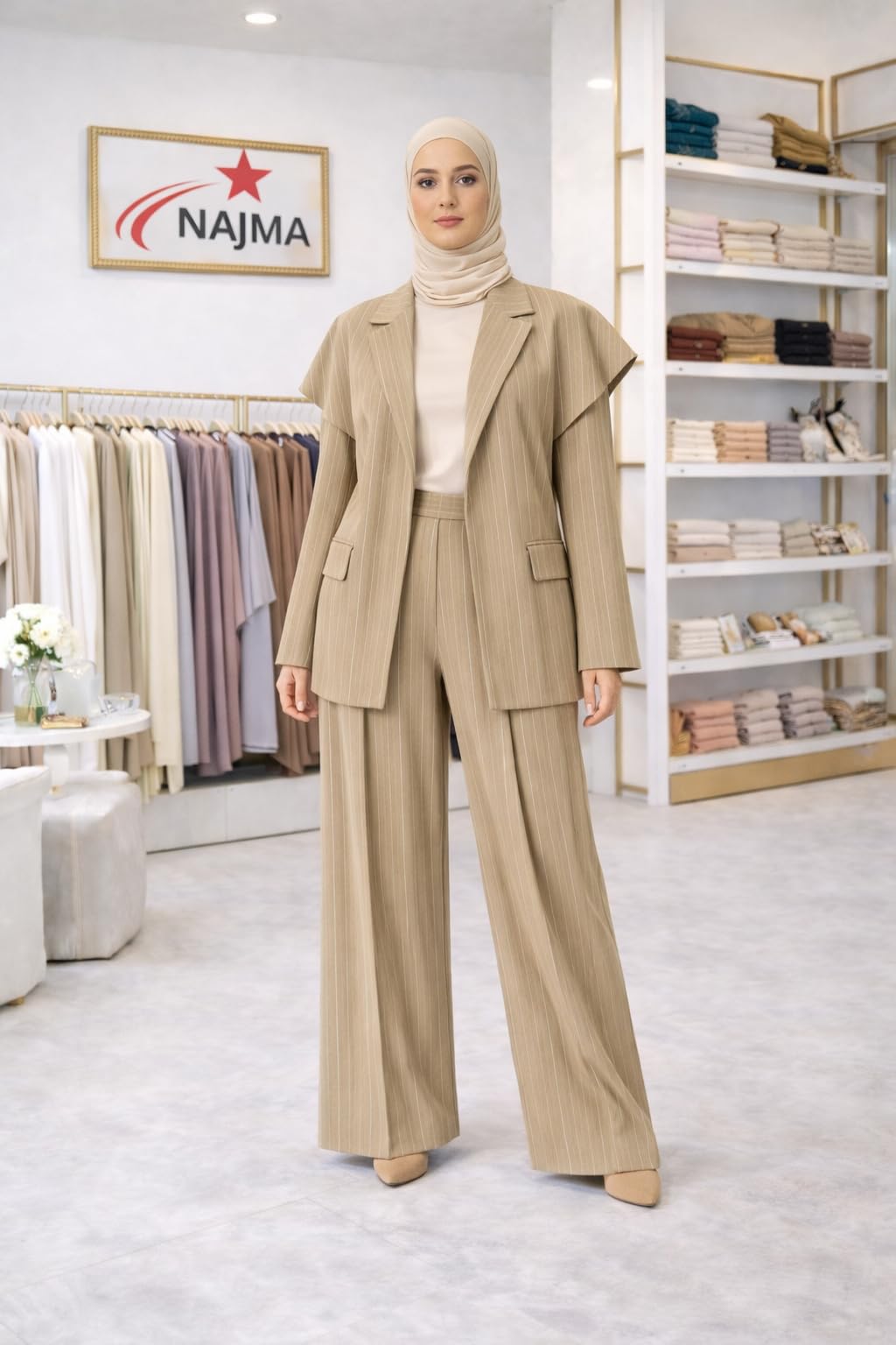Tailleur Femme Élégant 2 Pièces Rayé – Blazer Ceinturé Structuré et Pantalon Large Fluide – Ensemble Chic