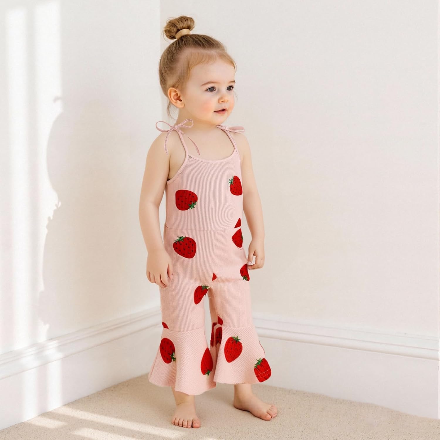 Emmababy Baby Girl Strawberry Clothes Toddler Bell Bottom Romper Sleeveless Halter Jumpsuit Flare Pant Overalls Summer Outfit - Image 4